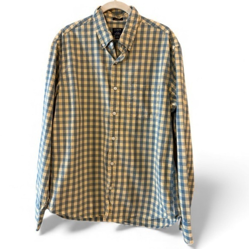 J CREW Men's Slim Fit Button Front  Yellow / Blue Plaid Check Shirt Size Large